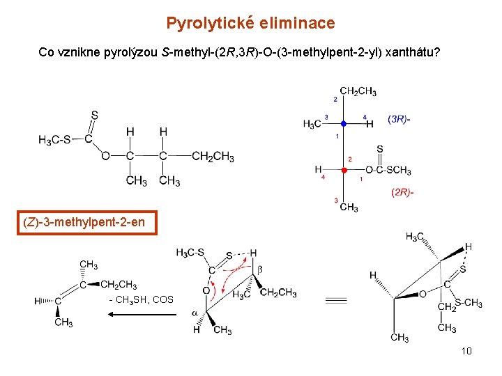 Pyrolytické eliminace Co vznikne pyrolýzou S-methyl-(2 R, 3 R)-O-(3 -methylpent-2 -yl) xanthátu? (Z)-3 -methylpent-2