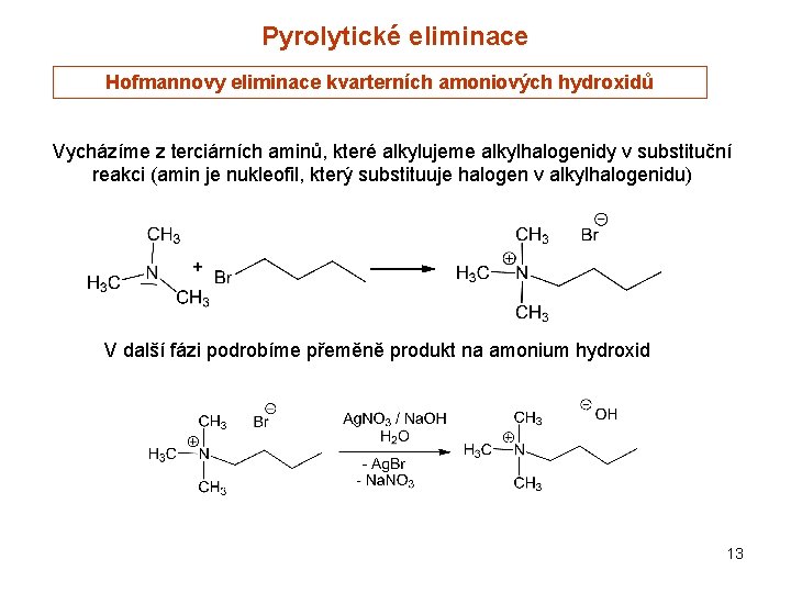 Pyrolytické eliminace Hofmannovy eliminace kvarterních amoniových hydroxidů Vycházíme z terciárních aminů, které alkylujeme alkylhalogenidy