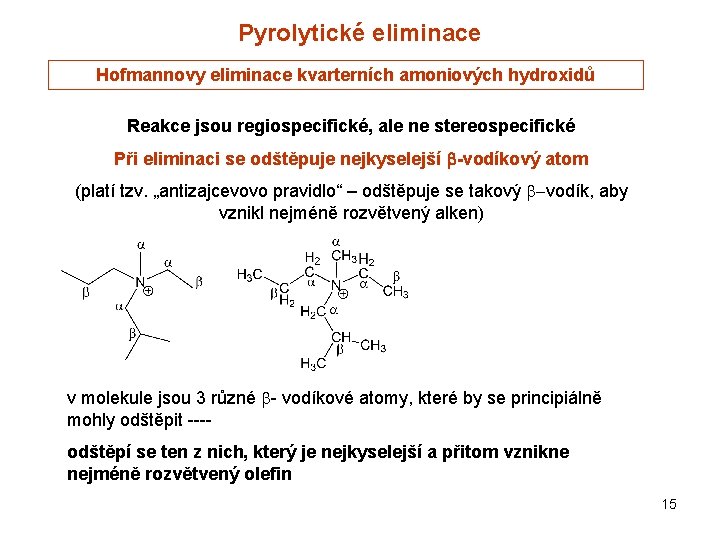 Pyrolytické eliminace Hofmannovy eliminace kvarterních amoniových hydroxidů Reakce jsou regiospecifické, ale ne stereospecifické Při