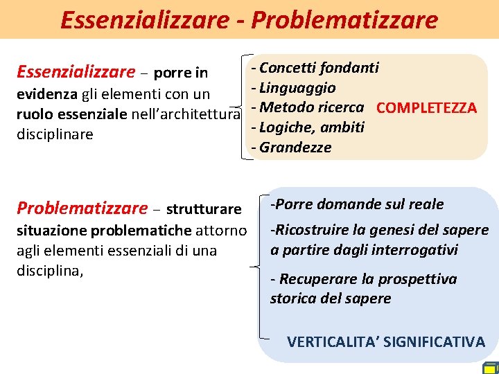 Essenzializzare - Problematizzare - Concetti fondanti - Linguaggio evidenza gli elementi con un ruolo