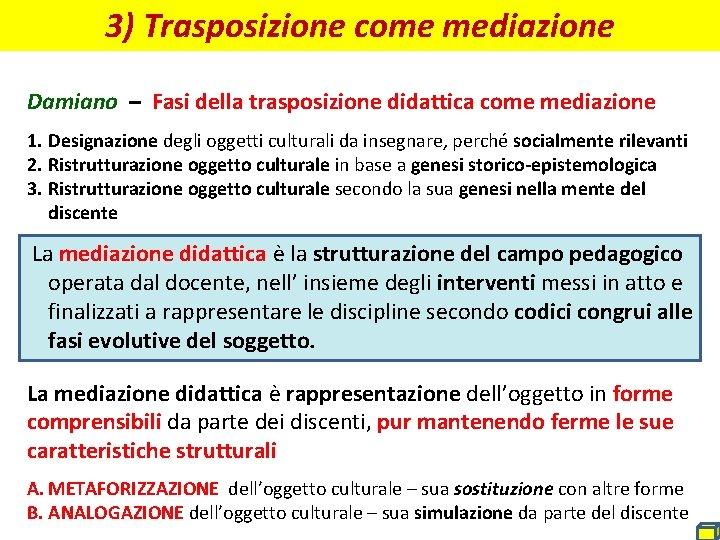 3) Trasposizione come mediazione Damiano – Fasi della trasposizione didattica come mediazione 1. Designazione