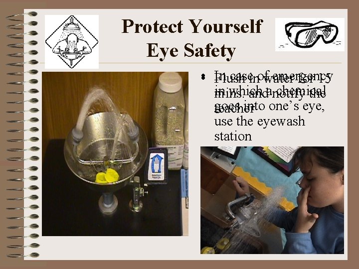 Protect Yourself Eye Safety • In case of emergency Flush in water for 15