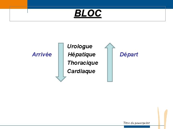 BLOC Arrivée Urologue Hépatique Thoracique Cardiaque Départ Titre du powerpoint 