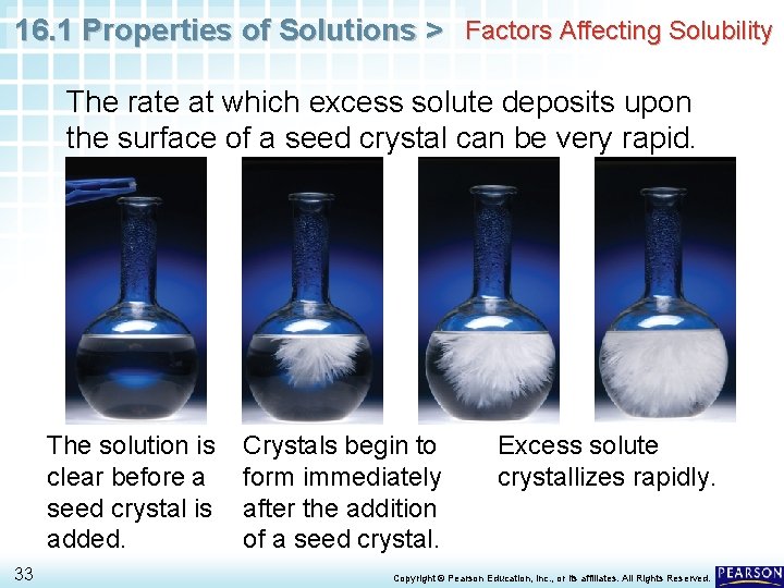 16. 1 Properties of Solutions > Factors Affecting Solubility The rate at which excess