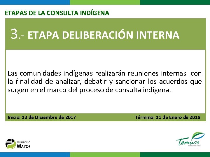 ETAPAS DE LA CONSULTA INDÍGENA 3. - ETAPA DELIBERACIÓN INTERNA Las comunidades indígenas realizarán