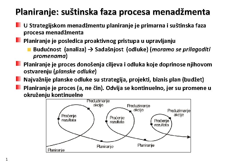 Planiranje: suštinska faza procesa menadžmenta U Strategijskom menadžmentu planiranje je primarna i suštinska faza