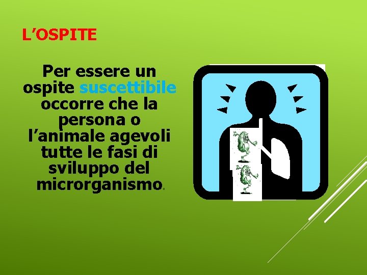 L’OSPITE Per essere un ospite suscettibile occorre che la persona o l’animale agevoli tutte