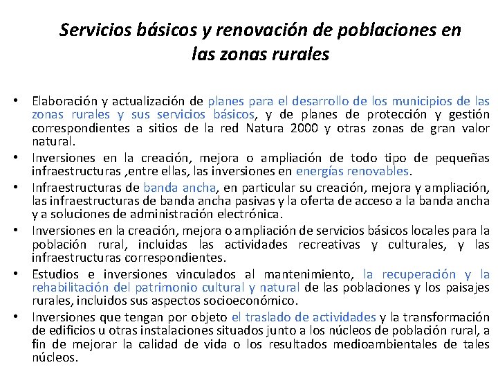 Servicios básicos y renovación de poblaciones en las zonas rurales • Elaboración y actualización