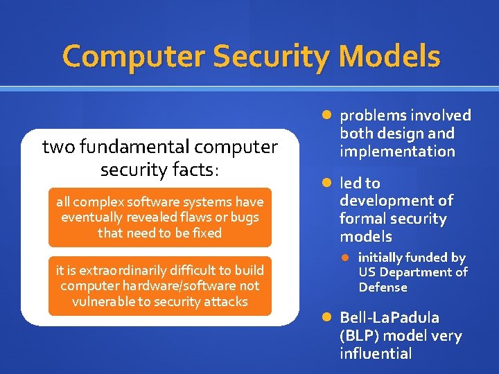 Computer Security Models problems involved two fundamental computer security facts: all complex software systems