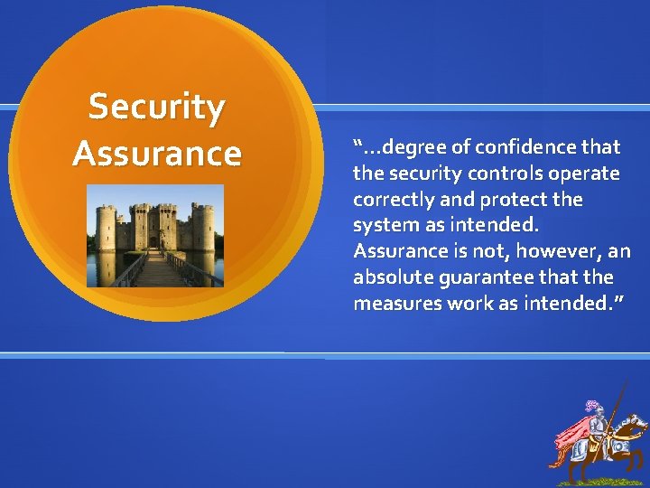 Security Assurance “…degree of confidence that the security controls operate correctly and protect the