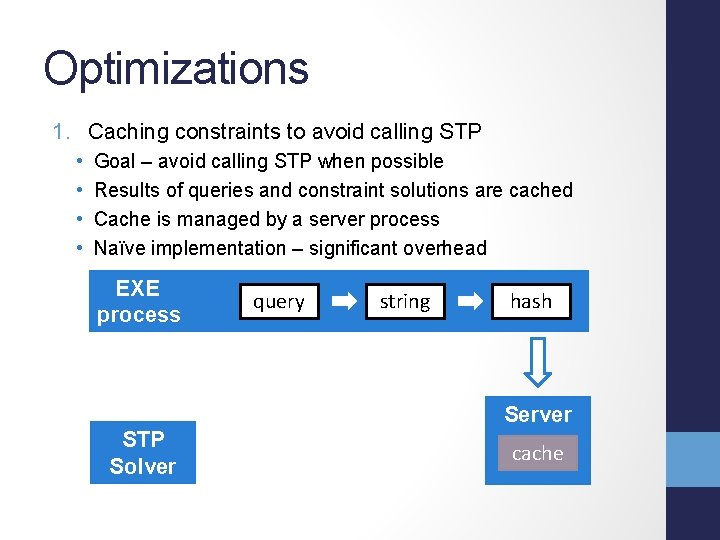 Optimizations 1. Caching constraints to avoid calling STP • • Goal – avoid calling