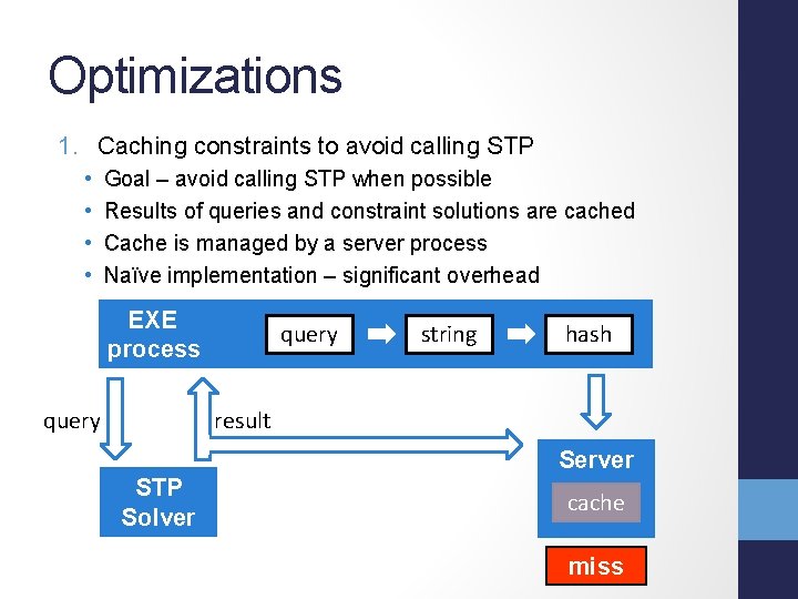 Optimizations 1. Caching constraints to avoid calling STP • • Goal – avoid calling