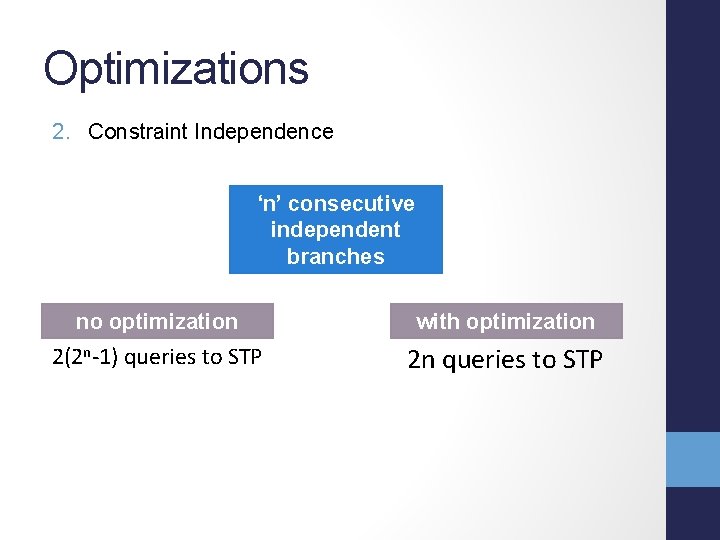 Optimizations 2. Constraint Independence ‘n’ consecutive independent branches no optimization with optimization 2(2 n-1)