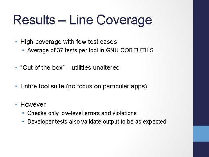 Results – Line Coverage • High coverage with few test cases • Average of