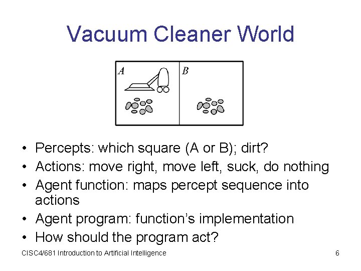 Vacuum Cleaner World • Percepts: which square (A or B); dirt? • Actions: move