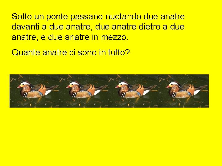 Sotto un ponte passano nuotando due anatre davanti a due anatre, due anatre dietro