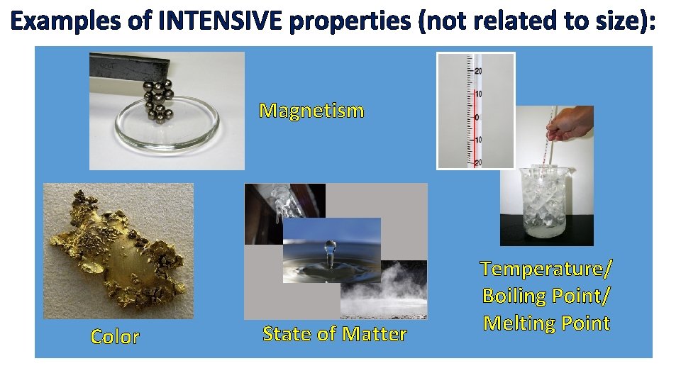 Examples of INTENSIVE properties (not related to size): Magnetism Color State of Matter Temperature/
