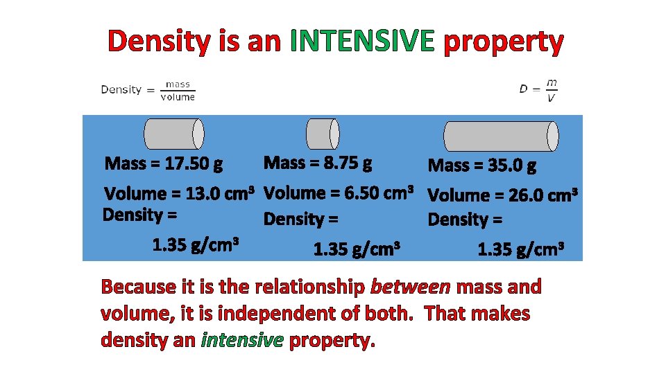 Density is an INTENSIVE property Mass = 17. 50 g Mass = 8. 75