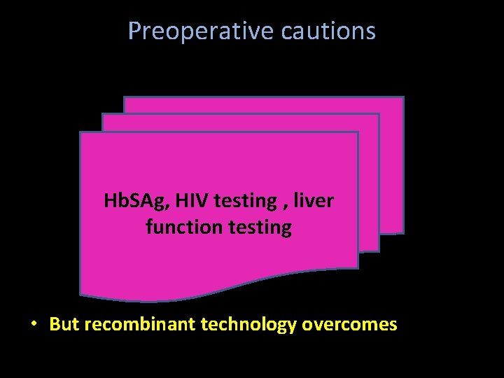 Preoperative cautions Hb. SAg, HIV testing , liver function testing • But recombinant technology