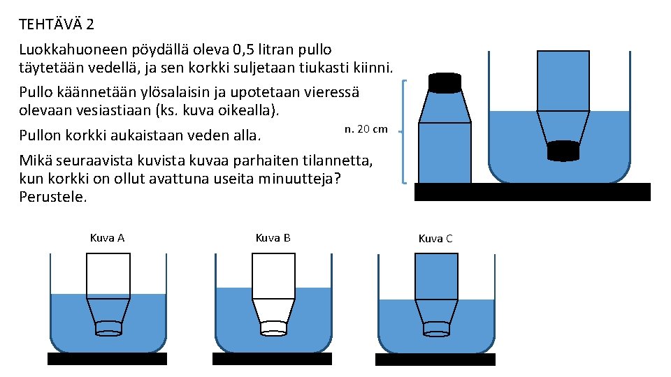 TEHTÄVÄ 2 Luokkahuoneen pöydällä oleva 0, 5 litran pullo täytetään vedellä, ja sen korkki