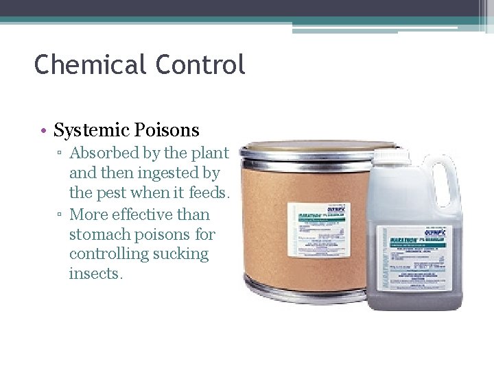 Chemical Control • Systemic Poisons ▫ Absorbed by the plant and then ingested by