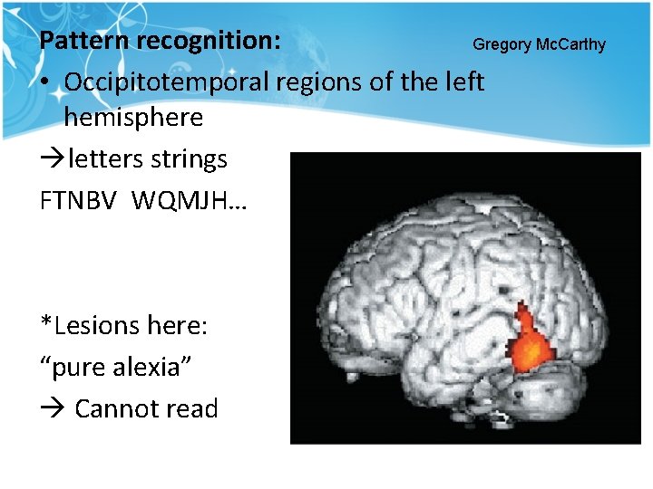 Pattern recognition: Gregory Mc. Carthy • Occipitotemporal regions of the left hemisphere letters strings Pattern recognition: Gregory Mc. Carthy • Occipitotemporal regions of the left hemisphere letters strings