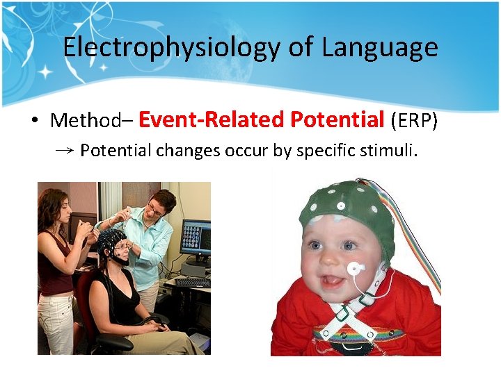 Electrophysiology of Language • Method– Event-Related Potential (ERP) → Potential changes occur by specific Electrophysiology of Language • Method– Event-Related Potential (ERP) → Potential changes occur by specific