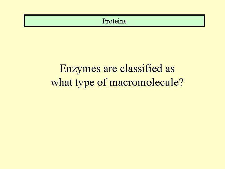 Proteins Enzymes are classified as what type of macromolecule? 