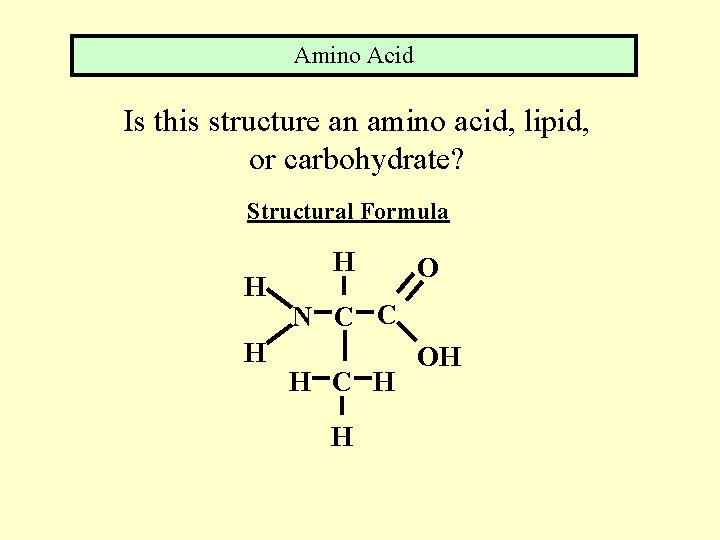 Amino Acid Is this structure an amino acid, lipid, or carbohydrate? Structural Formula H