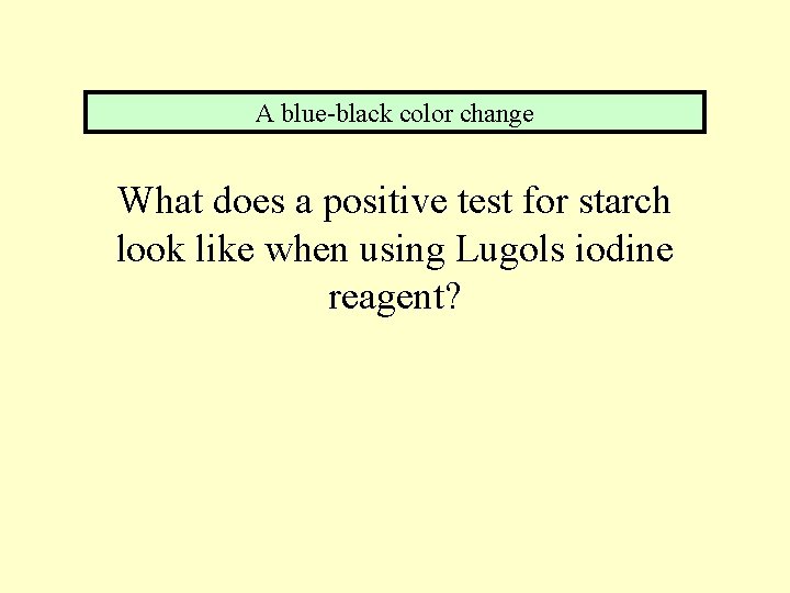 A blue-black color change What does a positive test for starch look like when