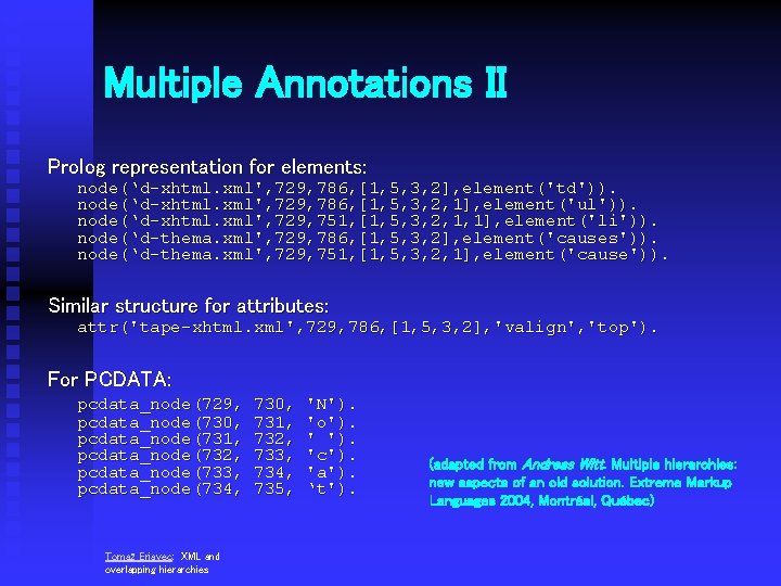 Multiple Annotations II Prolog representation for elements: node(‘d-xhtml. xml', 729, 786, [1, 5, 3,