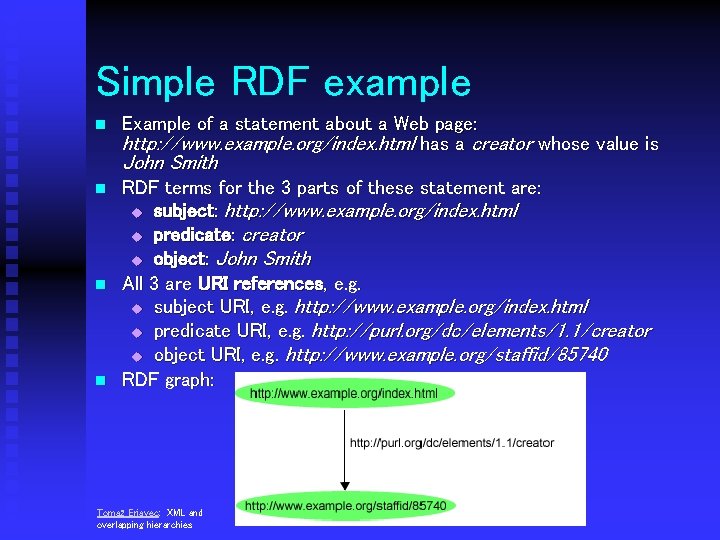 Simple RDF example n Example of a statement about a Web page: http: //www.