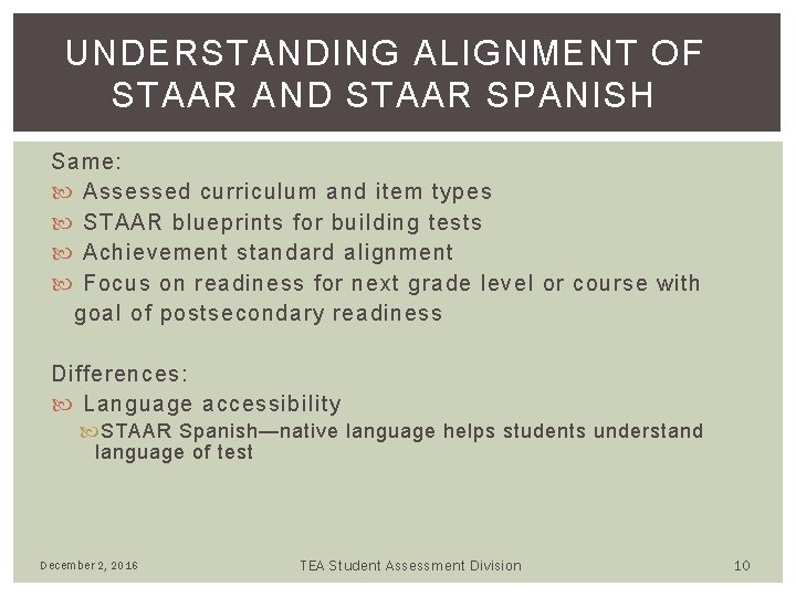 UNDERSTANDING ALIGNMENT OF STAAR AND STAAR SPANISH Same: Assessed curriculum and item types STAAR UNDERSTANDING ALIGNMENT OF STAAR AND STAAR SPANISH Same: Assessed curriculum and item types STAAR