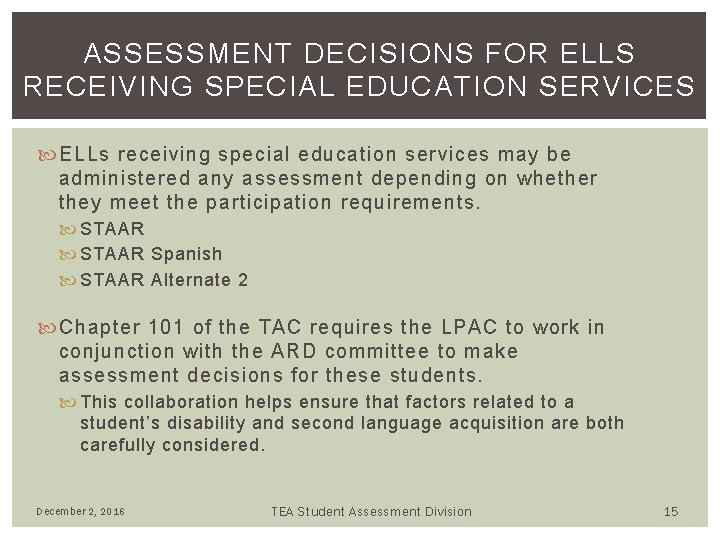 ASSESSMENT DECISIONS FOR ELLS RECEIVING SPECIAL EDUCATION SERVICES ELLs receiving special education services may ASSESSMENT DECISIONS FOR ELLS RECEIVING SPECIAL EDUCATION SERVICES ELLs receiving special education services may