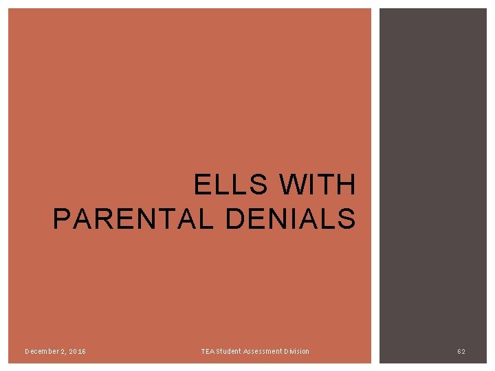 ELLS WITH PARENTAL DENIALS December 2, 2016 TEA Student Assessment Division 62 ELLS WITH PARENTAL DENIALS December 2, 2016 TEA Student Assessment Division 62
