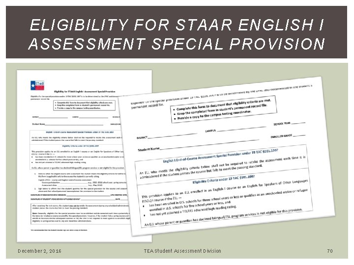 ELIGIBILITY FOR STAAR ENGLISH I ASSESSMENT SPECIAL PROVISION December 2, 2016 TEA Student Assessment ELIGIBILITY FOR STAAR ENGLISH I ASSESSMENT SPECIAL PROVISION December 2, 2016 TEA Student Assessment
