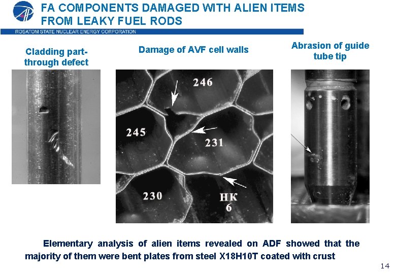 FA COMPONENTS DAMAGED WITH ALIEN ITEMS FROM LEAKY FUEL RODS Cladding partthrough defect Damage