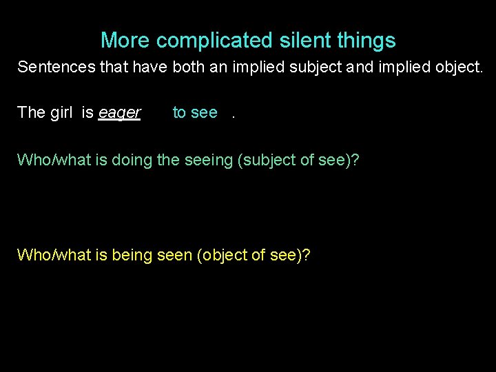 More complicated silent things Sentences that have both an implied subject and implied object.