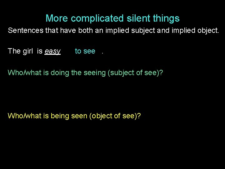 More complicated silent things Sentences that have both an implied subject and implied object.
