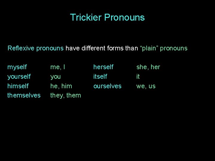 Trickier Pronouns Reflexive pronouns have different forms than “plain” pronouns myself yourself himself themselves