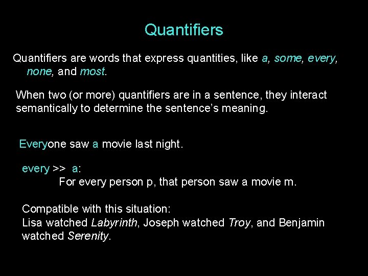 Quantifiers are words that express quantities, like a, some, every, none, and most. When