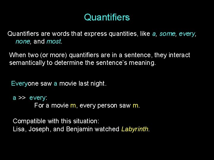 Quantifiers are words that express quantities, like a, some, every, none, and most. When