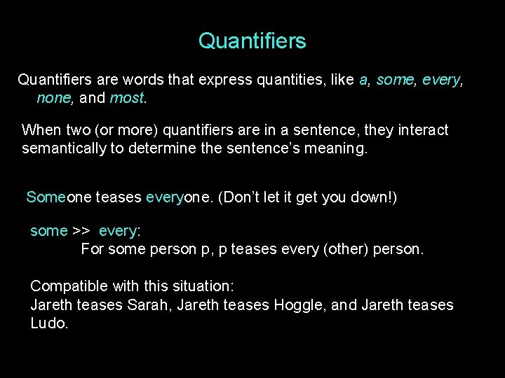 Quantifiers are words that express quantities, like a, some, every, none, and most. When