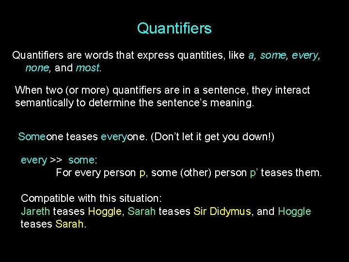 Quantifiers are words that express quantities, like a, some, every, none, and most. When
