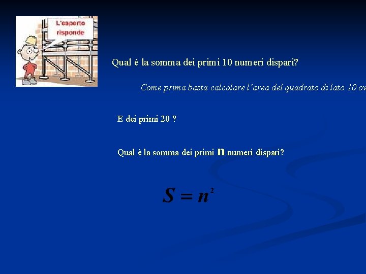 Qual è la somma dei primi 10 numeri dispari? Come prima basta calcolare l’area