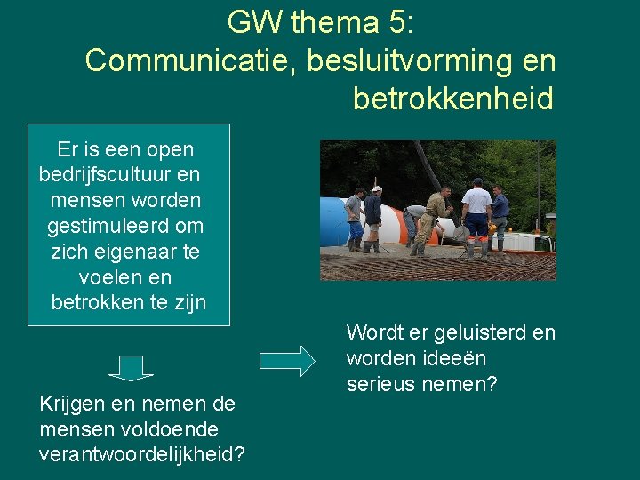 GW thema 5: Communicatie, besluitvorming en betrokkenheid Er is een open bedrijfscultuur en mensen