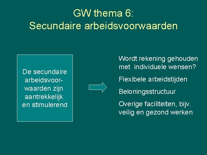 GW thema 6: Secundaire arbeidsvoorwaarden De secundaire arbeidsvoorwaarden zijn aantrekkelijk en stimulerend Wordt rekening