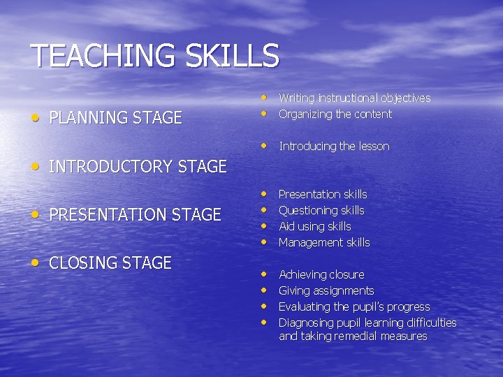 TEACHING SKILLS • PLANNING STAGE • INTRODUCTORY STAGE • PRESENTATION STAGE • CLOSING STAGE