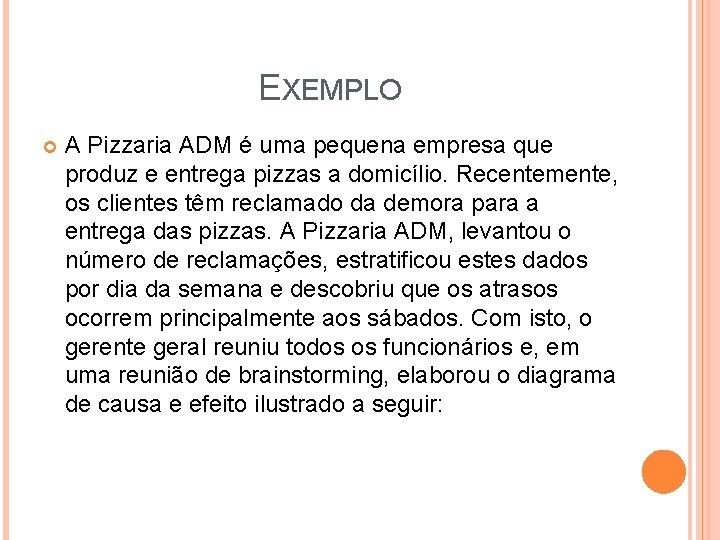 EXEMPLO A Pizzaria ADM é uma pequena empresa que produz e entrega pizzas a