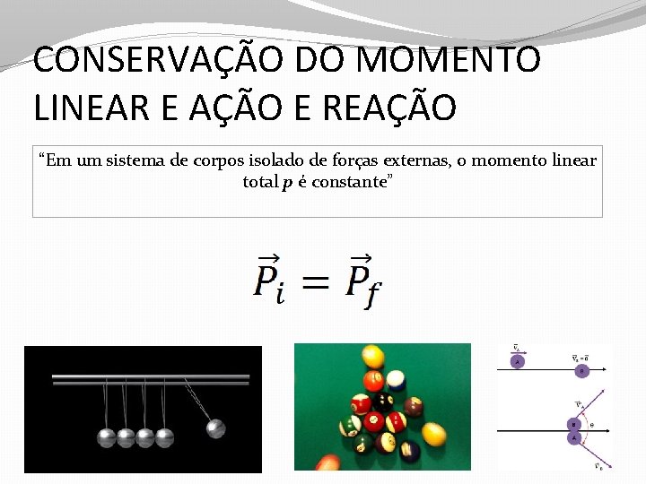 CONSERVAÇÃO DO MOMENTO LINEAR E AÇÃO E REAÇÃO “Em um sistema de corpos isolado